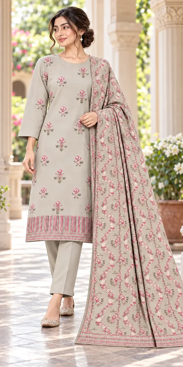 Grey Pink Karandi 3-Piece Suit