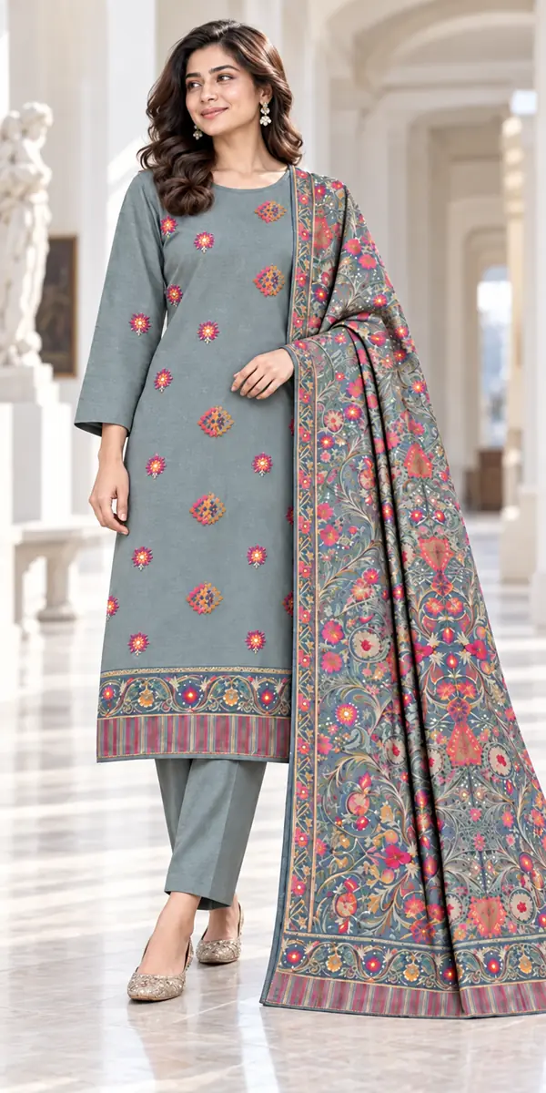 Grey Floral Karandi 3-Piece Suit