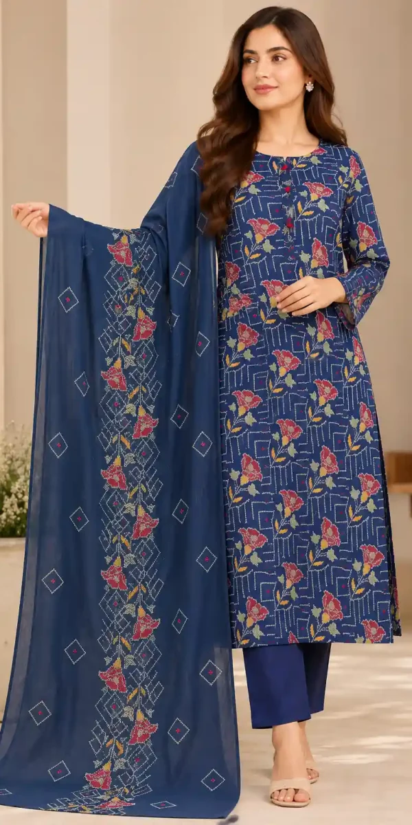 Elegant Navy Blue Floral Embroidered 3-Piece Suit