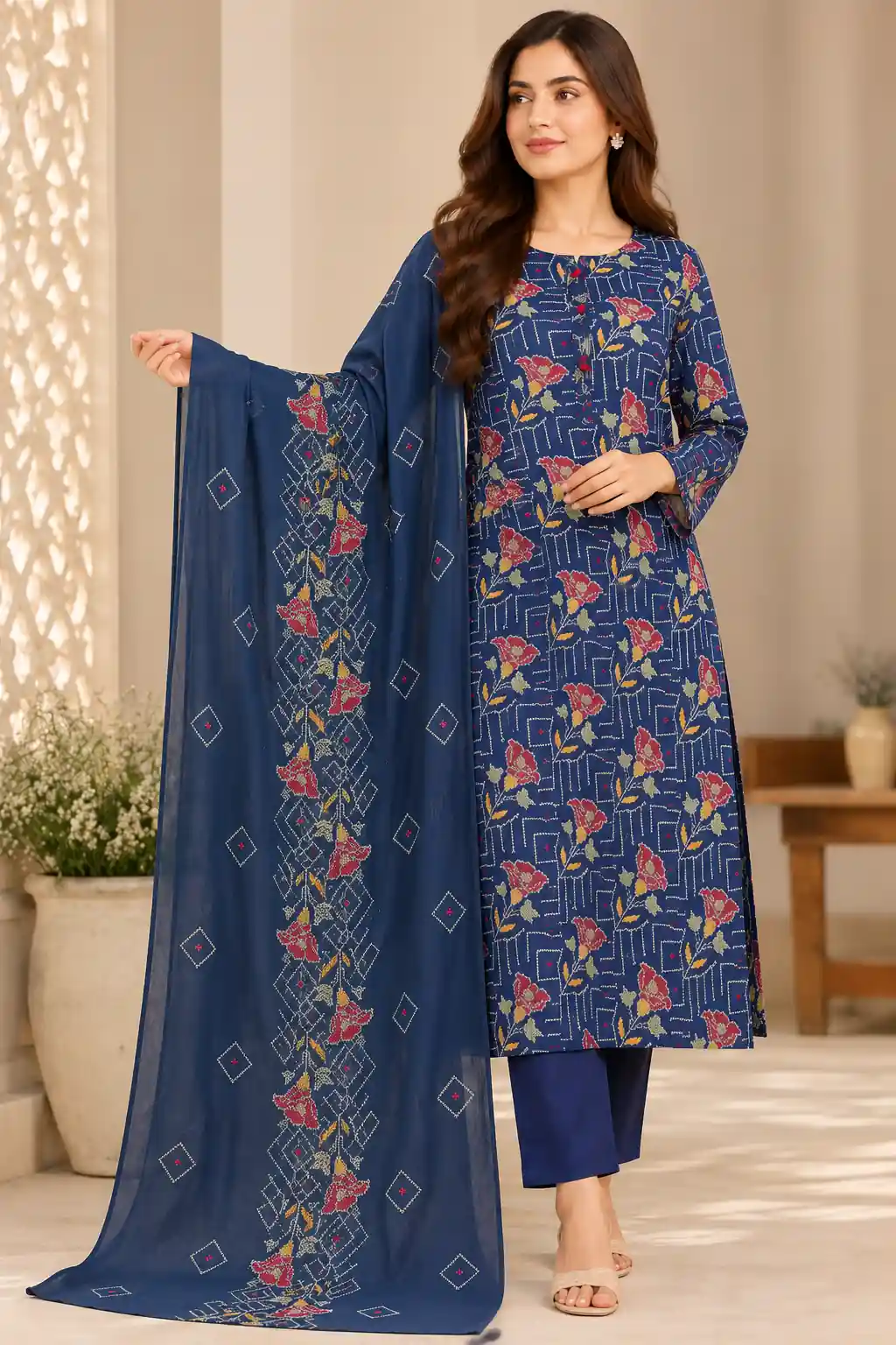 Elegant Navy Blue Floral Embroidered 3-Piece Suit
