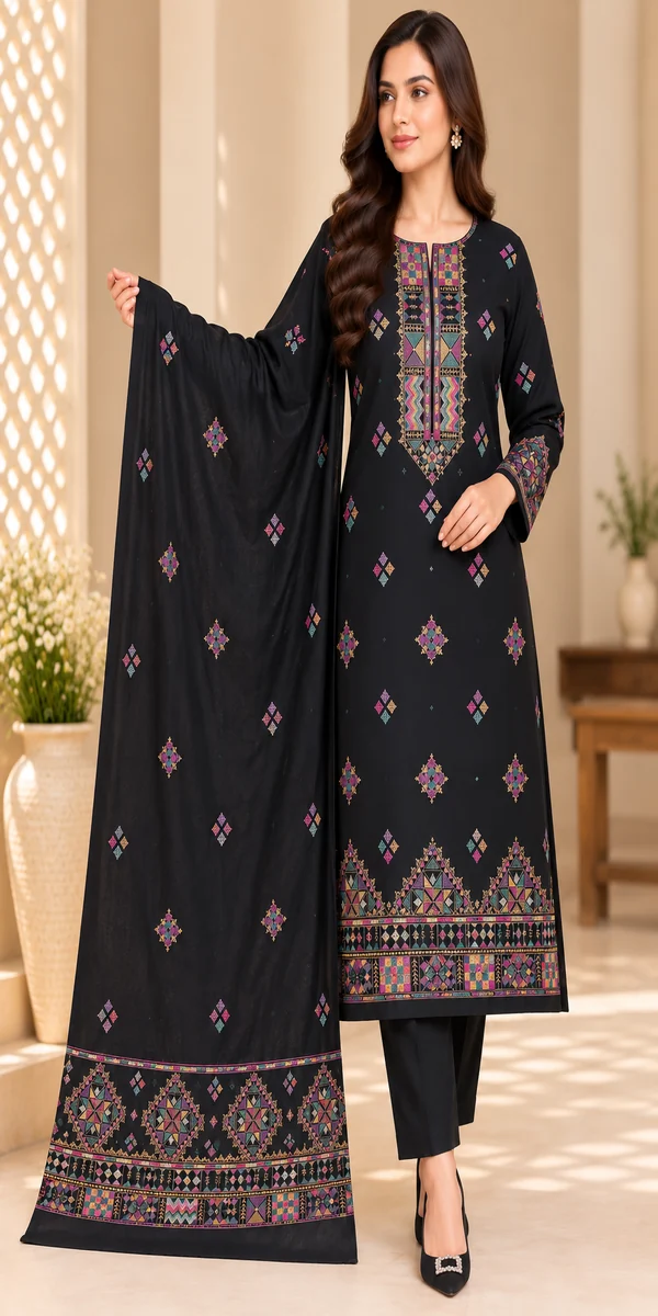 Black Multicolor Embroidered 3-Piece Karandi Suit