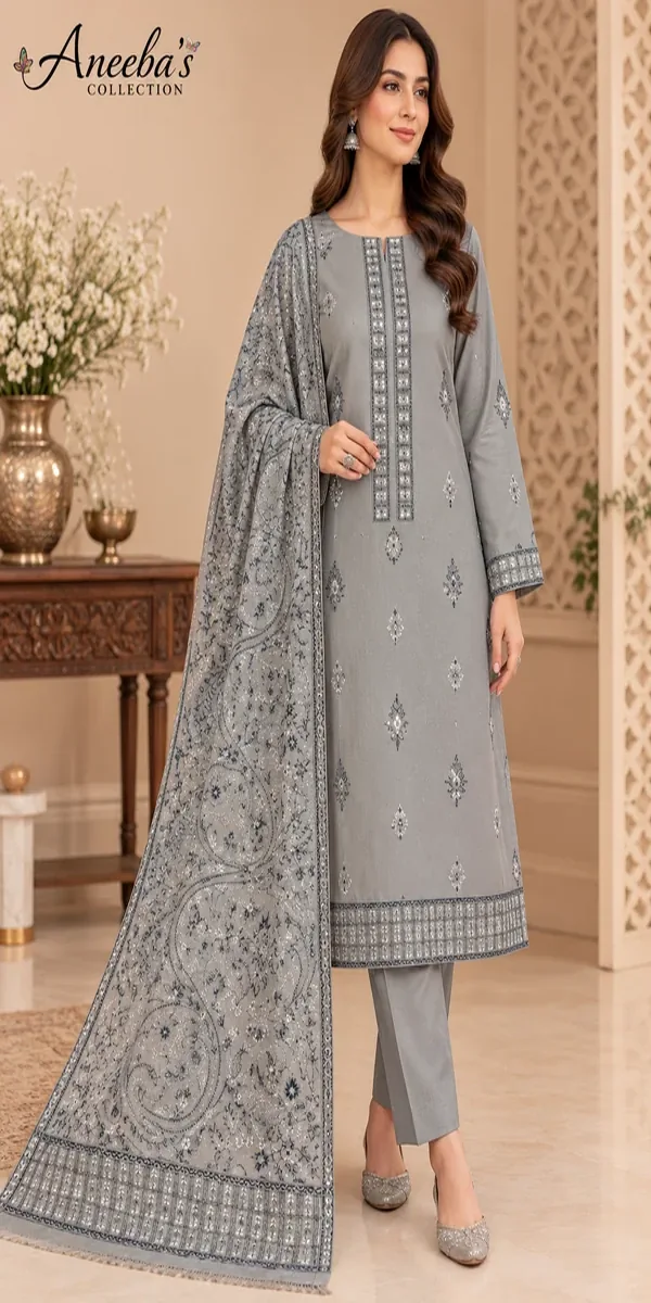 Grey Silver Embroidered 3-Piece Karandi Suit