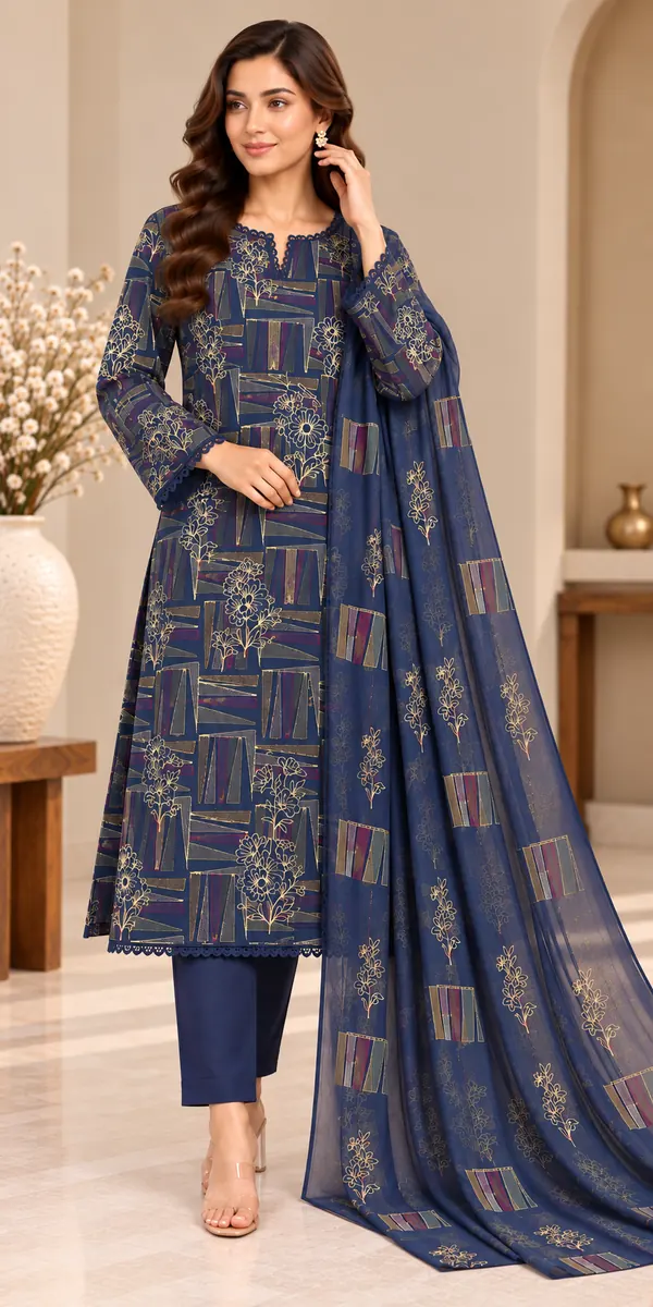 Navy Blue Embroidered 3 Piece Unstitched Karandi Suit