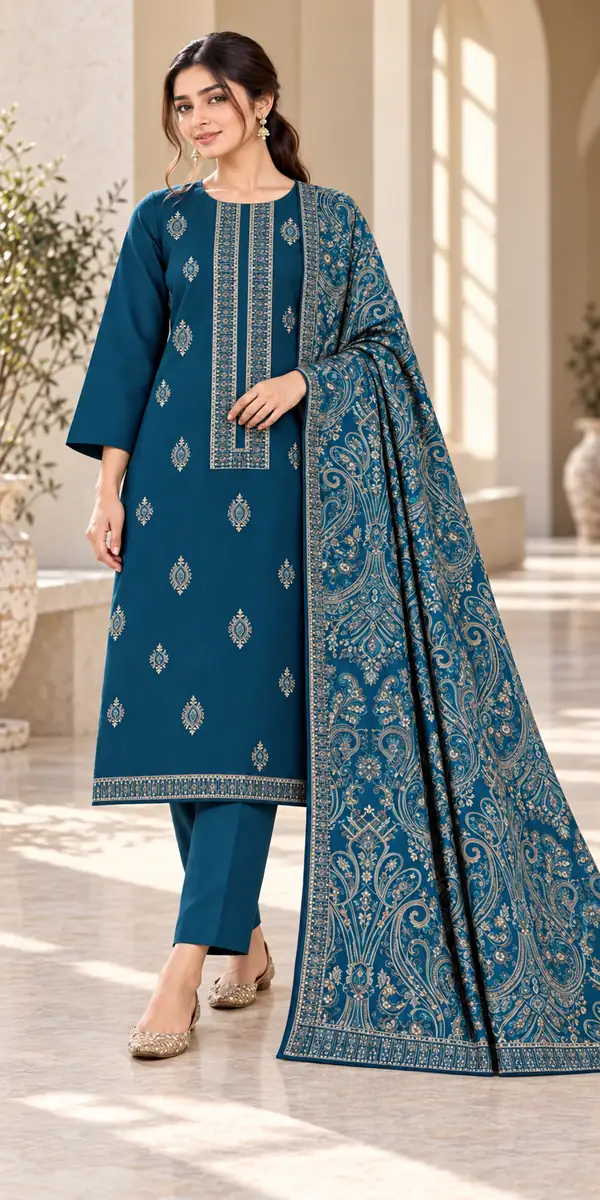 Teal Karandi Shawl Suit